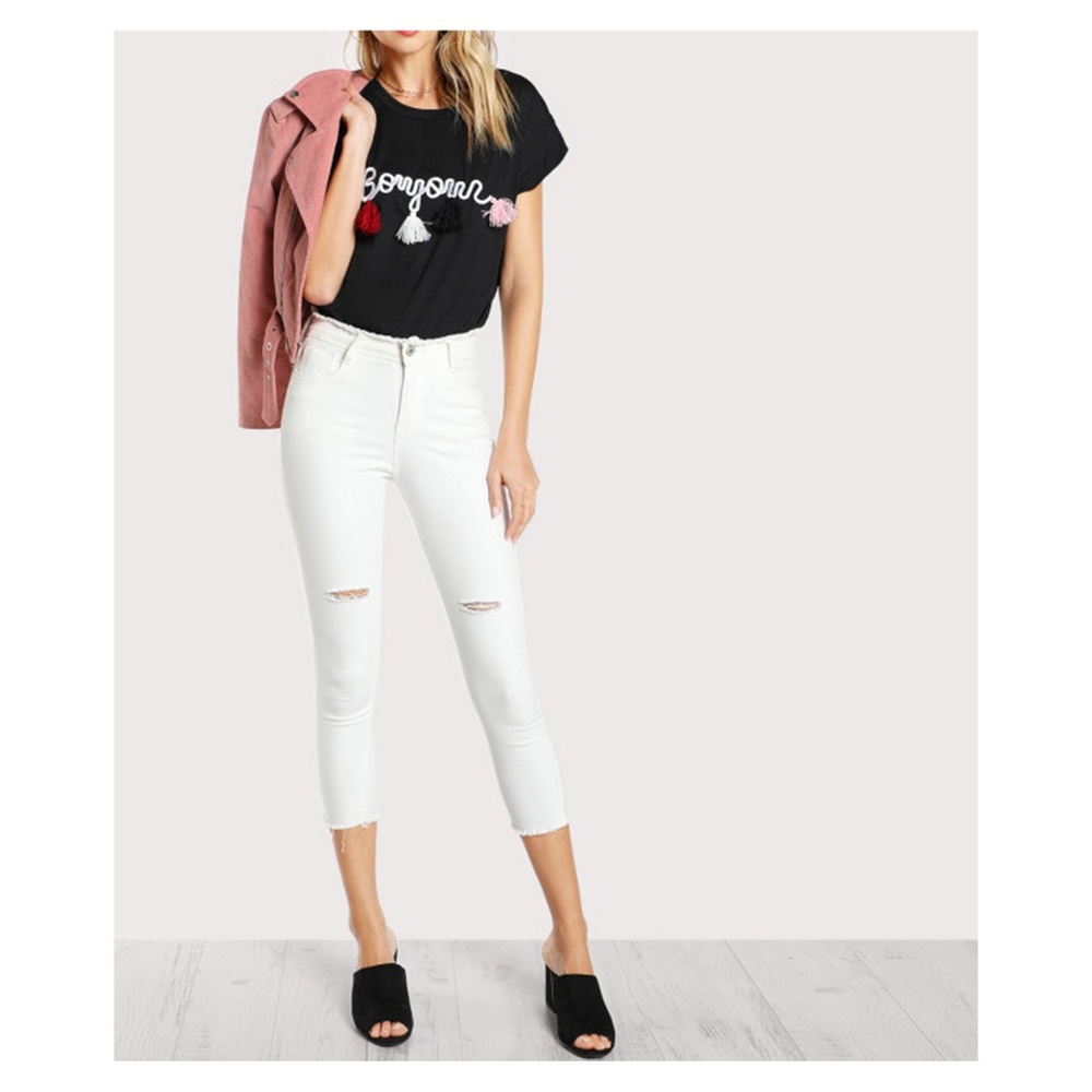 Black Short Sleeve Embroidered Tassel T-Shirt Bonjour - Picture 5 of 5